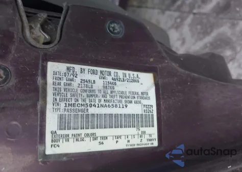 1992 Mercury Sable Gs из США, поврежденный, VIN 1MECM5041NA658119